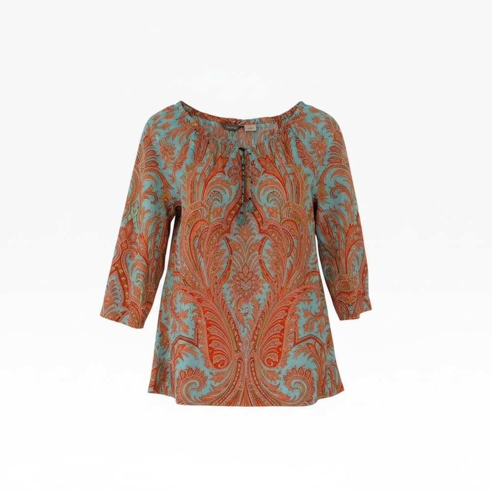 Tommy Bahama Womens Medium Aqua Coral Paisley Cotton 3/4 Sleeve Tassel Blouse